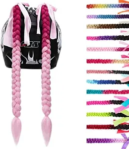 SEGO 2 Pcs Helmet Pigtail Braids with Detachable Suction Cup with Bowknot Ponytails Hair for Women/Men 20 Inch 2 PCS/Pack (Helmet not Included)-Red to Pink