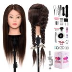 Neverland Hairdressing Head 50% Real Hair Training Head 22 Inch Cosmetology Mannequin Styling Dolls Head for Hairdressers Braiding/Styling/Cutting/Curling with Clamp and Braid Set