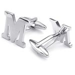 HONEY BEAR Mens Initial Alphabet Letter Silver White Steel Wedding Formal Business Cufflinks (M)