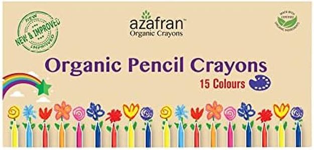 Azafran Organic Pencil Crayons - Pack of 15 Colored Thins, Non Toxic Ingredients, Non-Greasy, Eco Friendly, Food Grade Colors, for Toddlers, Fun with Playing and Stacking - 127 Grams