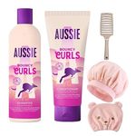 Curly Hair Shampoo & Conditioner Set – Contains Detangling Brush Shower Cap Hair Drying Cap Bundled with Aussie Curls Shampoo 300ml & Conditioner 200ml with Coconut & Jojoba Oil & Macadamia Nut.