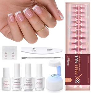 Beetles X Press Plus Gel Nails Kit - Glow French | Pink Short Square French Tip Press On Nails | 150Pcs 15 Sizes All-in-One Kit With Nail Glue,Remover,Builder Top Coat,Nail Lamp Gift For Women