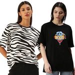 Veirdo® Pure Cotton Oversized Loose Fit Animal and Graphic Printed Half Sleeve T-Shirt for Women/Girls (Pack of 2)