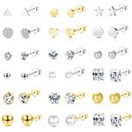 Jstyle 18Pairs Surgical Steel Stud Earrings Set for Women Men Star Heart Crystal Pearl Earrings Set Cute CZ Ball Triangle Ear Stud Jewelry Silver and Gold