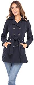 Sebby Collection Women's Soft Shell Trench Coat with Detachable Hood, Navy, Small