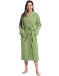 Ladies Waffle Robe with Pockets Thick 100% Cotton Sleep Robe Long Sleeve Green M/L