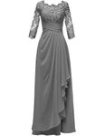 Chiffon Mother of The Bride Dresses with Sleeves Lace Evening Gown Long Formal Prom Party Dress, Steel Grey, 14