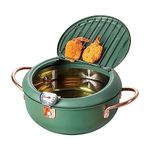 Tempura Covered Deep Fryer with Thermometer, Oil Drip Rack and Lid, 14cm/5.5 Inch Green Stainless Steel Deep Fry Pot, Japanese Style Uncoated Frying Pan for Kitchen French Fries, Fish, Shrimp