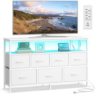SONGMICS Dresser with App-Controlled LED Lights, 7 Fabric Drawers Dresser | Chest of Drawers with Open Shelf & Charging Station, TV Stand for Bedroom, Cloud White, BELLAH Collection ULGS733WH05S