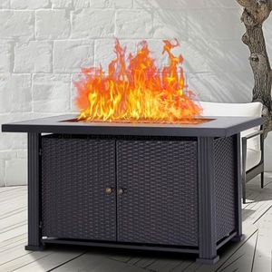 MERXENG 44 Inch Propane Outdoor Fire Pit Table, 50000BTU Rectangle Double Door Fire Table with Cover & Rain Cover, Add Warmth and Ambience to Parties On Patio Deck Garden, CSA Safety Certified