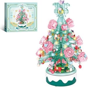 900 Pieces Green Christmas Tree Building Set, Music Box with LED Lights, Rotating Christmas Ornaments for Kids, Holiday 2024 Decoration