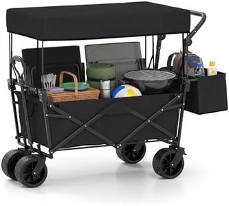 Goplus Collapsible Wagon w/Canopy, Folding Garden Cart w/Adjustable Handles, Detachable Storage Bag & Big Wheels, Heavy Duty Outdoor Utility Cart for Camping, Beach & Shopping (Black)