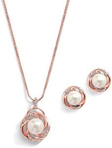 Mariell Freshwater Pearl Rose Gold Wedding Necklace Earrings Set for Brides, Bridesmaids, Jewelry Gift, 14K rose gold plated, Cubic Zirconia