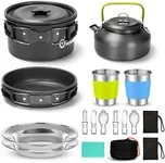 Odoland Camping Cookware Set, Non Stick Pot Pan Kettle Set with Stainless Steel Cups Plates Forks Knives Spoons for Outdoor Cooking and Picnic - Camping Cutlery Set Suit 2 People