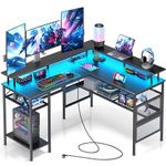 Yornoli Reversible Gaming Table with LED, Corner Desk with 3 Sockets and 2 USB Charging Ports, L Shape Desk with Storage Space and Monitor Shelf, Computer Desk PC Table 140 x 120 cm