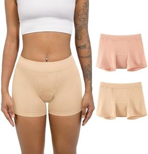 TIICHOO Period Shorts for Women Heavy Flow Soft Menstrual Panties Boxers Leakproof Pack of 2 (Beige+Rose Gold, Medium)