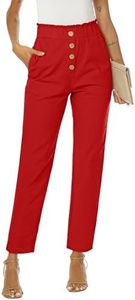 NIMIN Womens Work Pants High Waisted Summer Dress Ankle Pants Business Casual Outfits Loose Pull On Paper Bag Linen Pants with Pockets Red Large