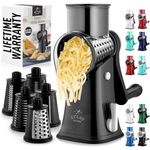 Rotary Cheese Grater with Handle & Upgraded Suction Base - Cheese Shredder with 5 Interchangeable Stainless Steel Blades - Multifunctional Vegetable Cutter & Nut Grinder with Blade Storage Box (Black)