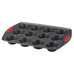 Rachael Ray 47956 12-Cup Oven Lovin’ Muffin & Cupcake Pan Steel, Gray with Red Grips