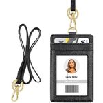 ID Badge Holder with Lanyard, Vertical PU Leather ID Badge Card Holder with 1 Clear ID Window, 4 Credit Card Slots and a Detachable Neck Lanyard (Black)