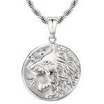 KRKC&CO Mens Coin Pendant Necklace, Lion Stainless Steel Chain Necklace, Medallion Amulet Pendant Necklace for Men and Boys