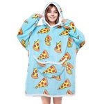 Oversized Hoodie Blanket, Printed Wearable Snuggie Sweatshirt Sherpa TV H oodie Blanket (Blue Pizza-Short)