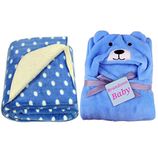 BRANDONN All Season Supersoft Hooded Blue Dog and Royal Dotted Printed Baby Blanket and Bath Towel - Pack of 2