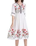 Shineflow Women's Short Sleeve Mexican Embroidered Floral Pleated Midi A-line Cocktail Dress, White, Medium