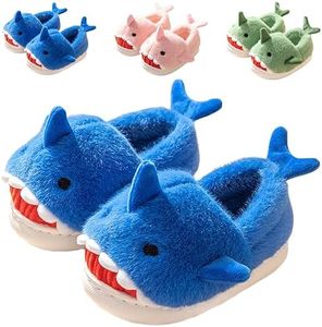 DRECAGE Kids Shark Toddler Slippers Boys Girls Winter Plush Warm Anti-Slip Soft Children Cute Cartoon House Shoes Blue 1-2 UK