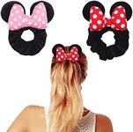 Styla Hair Scrunchies for Kids and Women - 2pk Velvet Bow Scrunchies with Sparkle Sequins Hair Bands for Pony Tails (Red White Puff Dot)