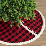 60-Inch Double-Sided Cable Knit and Buffalo Plaid Christmas Tree Skirt Reversible with Button Closure, Cream White