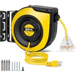 SURAIELEC 12 Gauge Extension Cord Reel, 60 Feet Retractable Extension Cord, 12AWG/3C SJTOW Heavy Duty Power Cord, 15 Amp Circuit Breaker, Triple