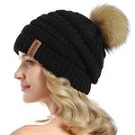 Queenfur Knit Slouchy Beanie for Women Thick Baggy Hat Faux Fur Pompom Winter Hat