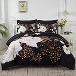 Yogeneg 7 Piece Bed in a Bag Queen Comforter Set Botanical Floral Bedding Set,White Flowers Leaves Printed on Black Reversible Design,Soft Microfiber Comforter with Sheet Set,All Season(Black,Queen)