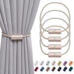 Pretty Jolly 4 Pack Magnetic Curtain Tiebacks 16 Inch Handmade Weave Side Rope Curtain Holdbacks Convenient Decorative Cylinder Curtain Drape Tie Backs for Home & Office Window Drapery (Beige)