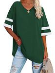 Famulily Women's Striped Short Sleeve Tee Shirt Soft Cotton Half Sleeve V Neck Tunic Tops Green XXL