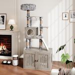 Garvee Cat Litter Box Enclosure with Cat Tree Tower and Condo, Hidden Cat Washroom Furniture with Sisal Scratching Post and Soft Plush Perch, Wooden Cat Furniture with Multiple Platforms