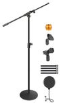 Steady Heavy Microphone Stand, Round Base Mic Floor Stand with Boom Arm Pop Filter Mic Clips 3/8" to 5/8" Adapter Cable Ties, Height Adjustable from 48" to 63" for Snowball Blue Yeti Shure SM58