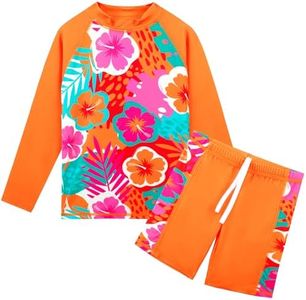 TFJH E 2PCS Girls Long Sleeve Swimwear UV 50+ Rashguard Sests Kids Swimsuits Orange Flower 152/158