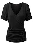 Made By Johnny Women's V Neck Short Sleeve Wrap Front Drape Dolman Tunic Top, Wt1118_black, Medium