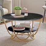 HEQEUWIN Round Coffee Tables Accent Center Table Sofa Side Tea Table with 2-Tier Storage for Living Room Office Desk Balcony Wood Desktop and Metal Legs (Golden and Black)