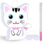 Cat Pinata Cat Birthday Party Supplies Kitty Cat Pinatas with Blindfold and Bat Pink and White for Cat Party Favor Kids Girls Birthday Party Decorations, 14.2 x 12.8 x 3.2 Inch, Pink and White