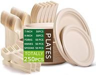 [250 PCS] Paper Plates Heavy Duty,Paper Plates Set,Dinner Plates Set,Sugarcane Disposable Paper Plates Set Eco,9 Inch and 7 Inch Party Plates,Forks,Knives and Spoons Set for 50 People