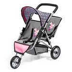 Twin Dolls pram DUO, Double Stroller, with three Wheels, cannopy, security belt, fairy