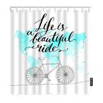 Moslion Bicycle Bathroom Shower Curtain Inspirational Quote Life is A Beautiful Ride On World Map Shower Curtains Home Decorative Long Polyester Fabric Shower Curtain with Hooks 72x72 Inch Blue White