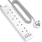 LENCENT Extension Lead with USB Slots, 4 Way Outlets Power Strip with 4 USB Ports, Multi Power Plug Extension with 1.8M Braided Extension Cord for Home Office, 3250W 13A