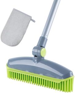 180°Rotating Rubber Broom with Squeegee for Pet Hair Removal - 50" Iron Handle Fur Remover Rake Brush for Carpet, Hardwood & Tile Floors, Includes Pet Hair Removal Gloves (Green)