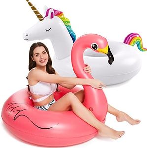 Inflatable Unicorn Flamingo Pool Floats - Jasonwell 2 Pack Pool Floaties Inflatables Rafts for Swimming Pool Tubes for Floating Lake Beach Floaty Swim Rings Pool Party Toys for Adults Kids