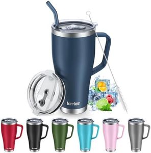 KETIEE Vaso de 30 onzas con popote y 2 tapas, taza de viaje para café con asa, vaso aislado, taza de café de viaje de acero inoxidable, botella de agua para bebidas calientes y frías, color azul