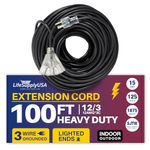 12/3 100ft 3-Outlet SJTW 15A 125V 1875W Lighted End Indoor/Outdoor Black Heavy Duty Tri-Source Extension Cord (100 Feet)